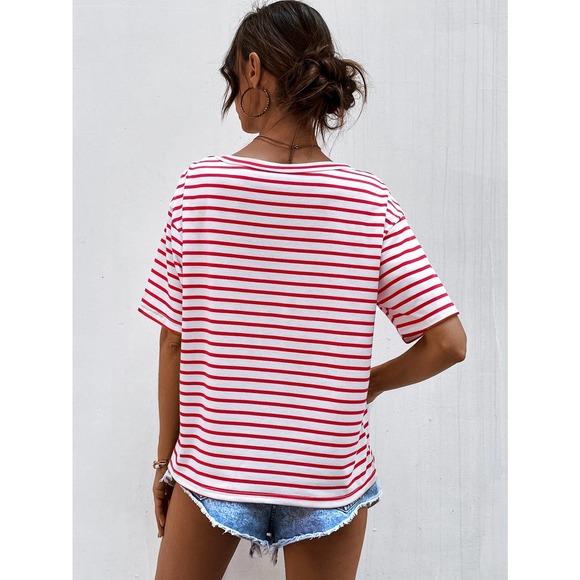 Classic preppy Striped V Neck Tee shirt top white black - Picture 9 of 11